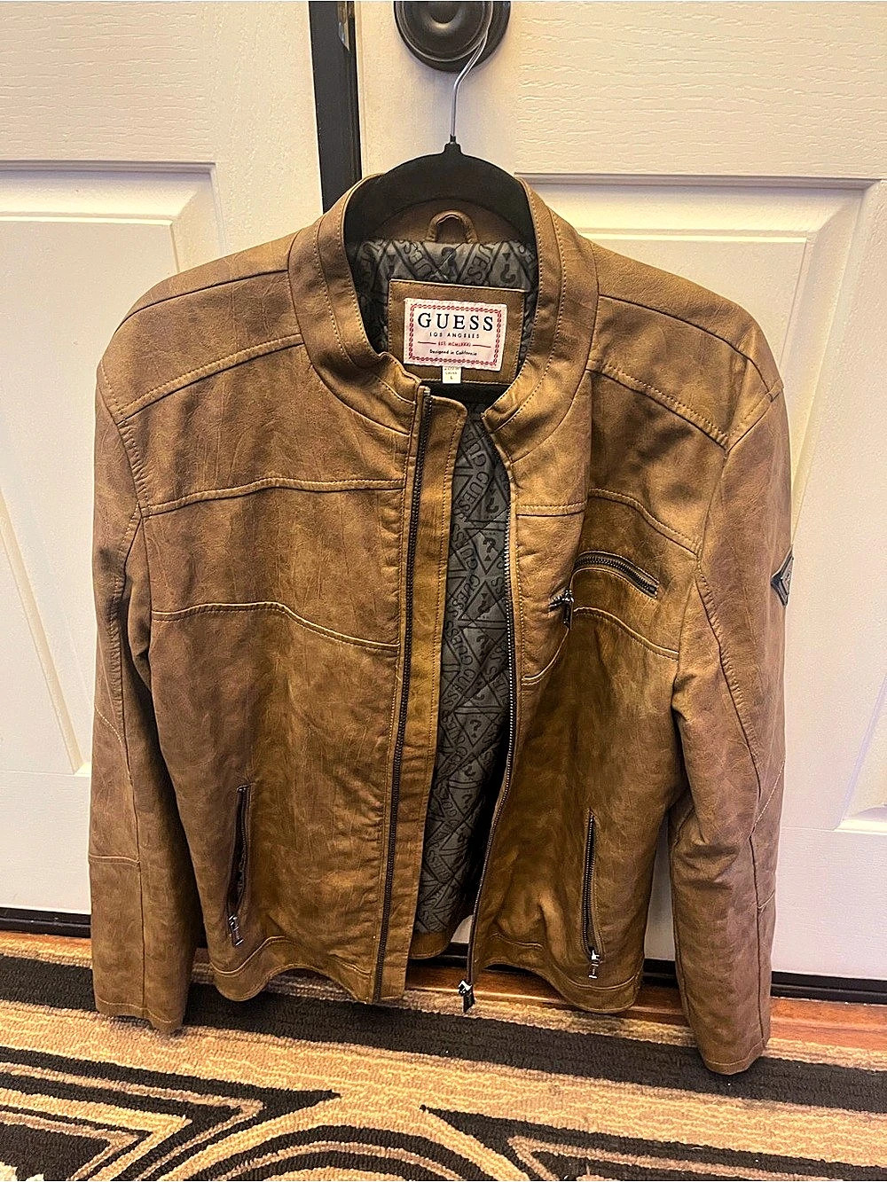 GUESS Los Angeles Faux Leather Moto Jacket Men's Brown Jacket Size Large